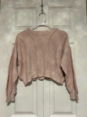 Garage Light Blush Open-Knit Cropped Crew Sweater